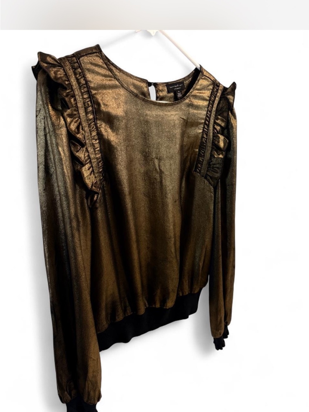 Current Air Metallic Bronze Ruffle-Trim Long Sleeve Blouse